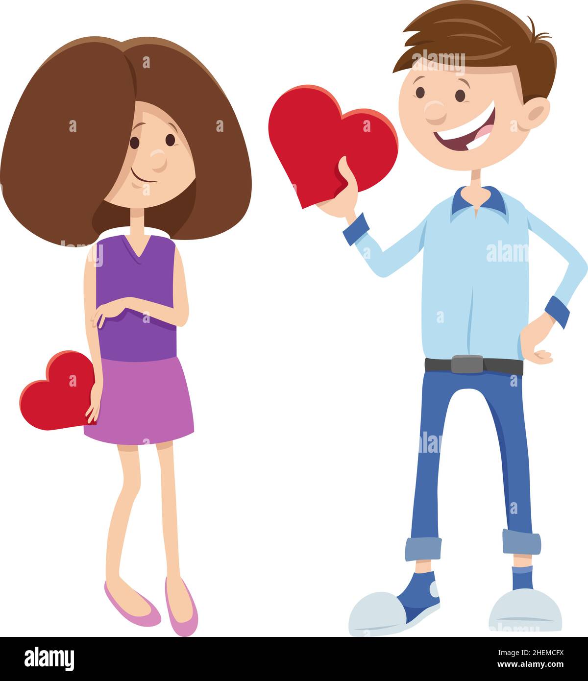 Greeting card cartoon illustration with girl and boy characters with ...