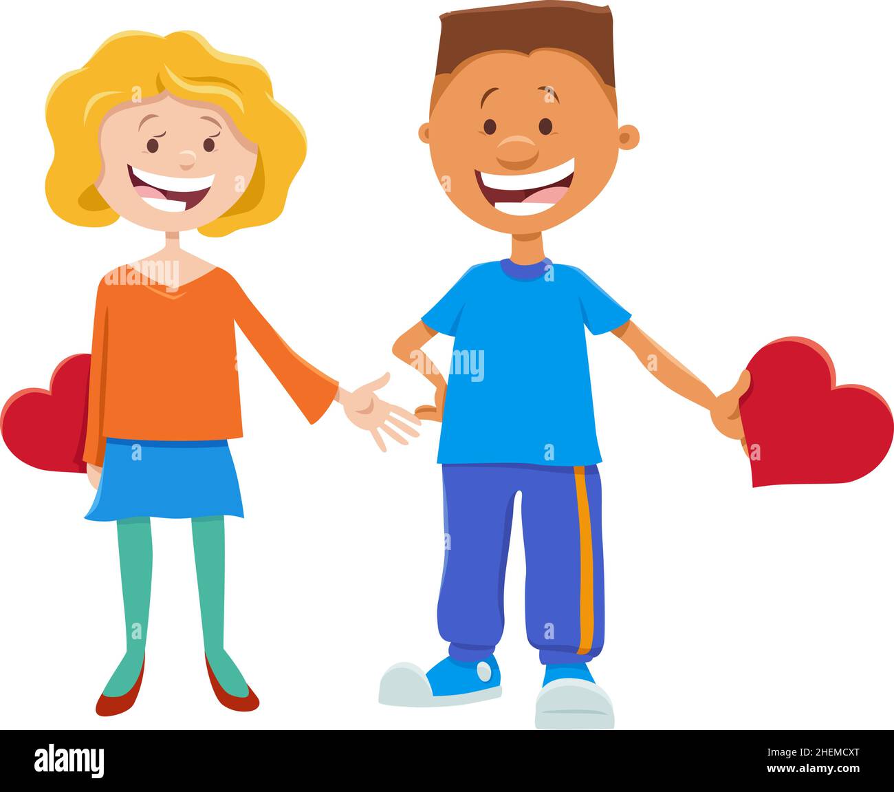 Cartoon illustration with girl and boy characters with Valentines Day ...