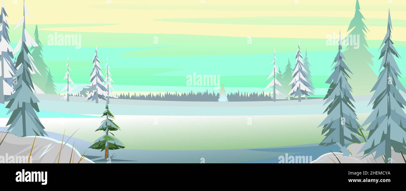 Wide rural landscape in winter. Fields in the snow and drifts. Strong frost. Rustic garden and hills. Pine trees. Illustration in cartoon style flat Stock Vector