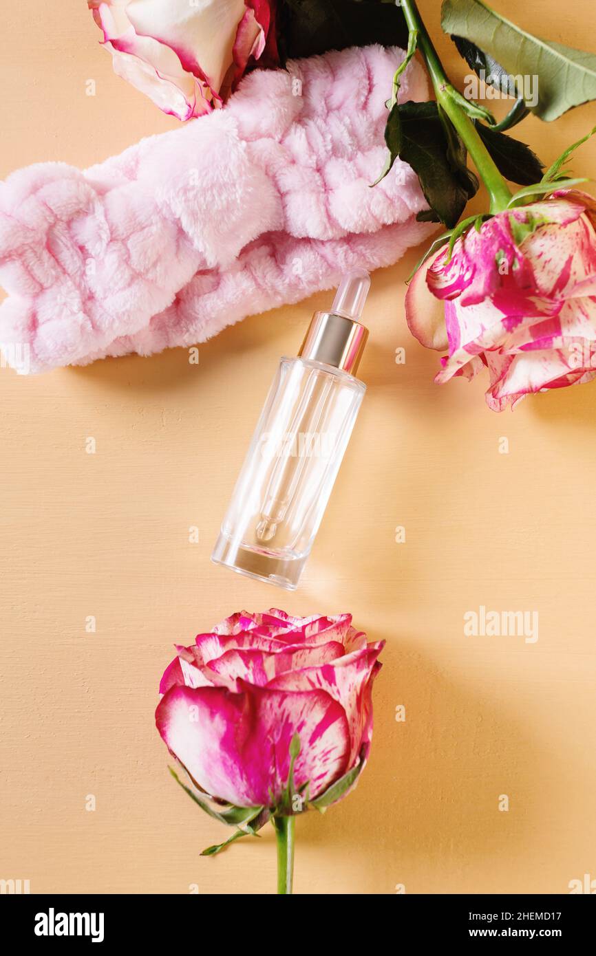 Arrangement of rose flowers and beauty treatment, top view with space Stock Photo