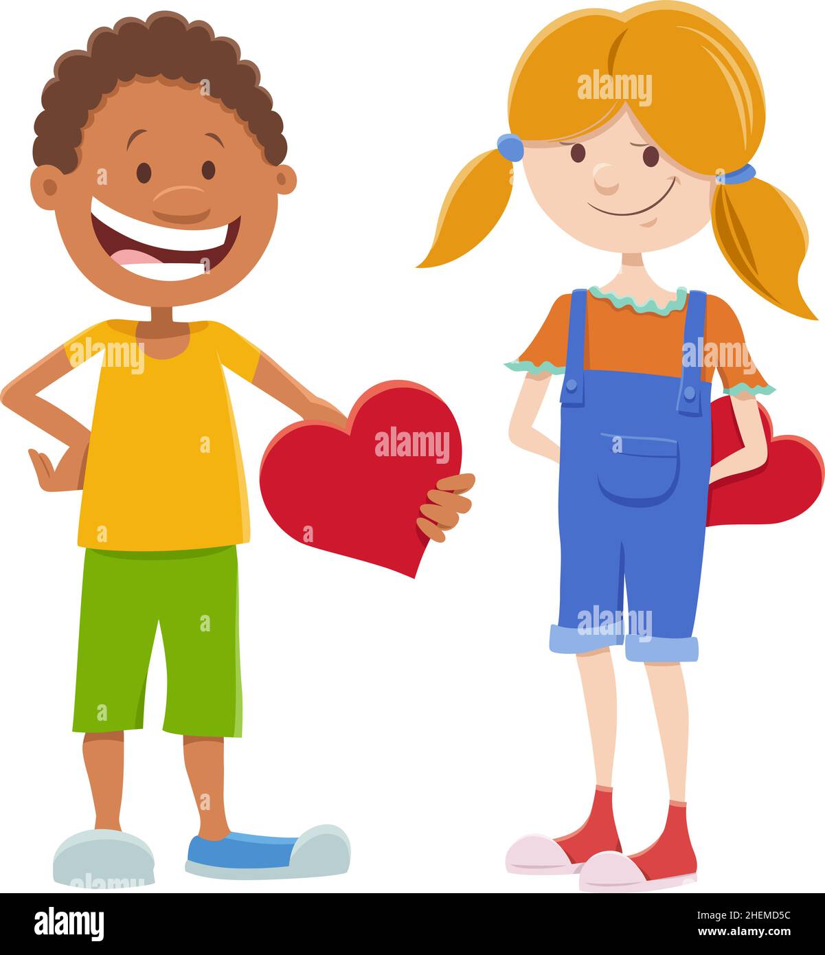 Greeting card cartoon illustration with girl and boy cute characters on ...