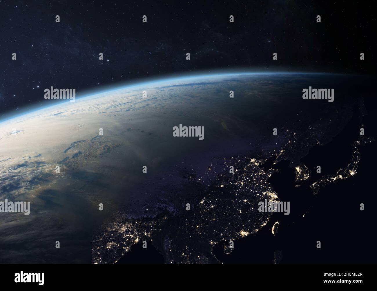Planet Earth from the space at night. Asia at night: China, Taiwan, India, Japan, Laos and other countries. Elements of this image furnished by NASA. Stock Photo