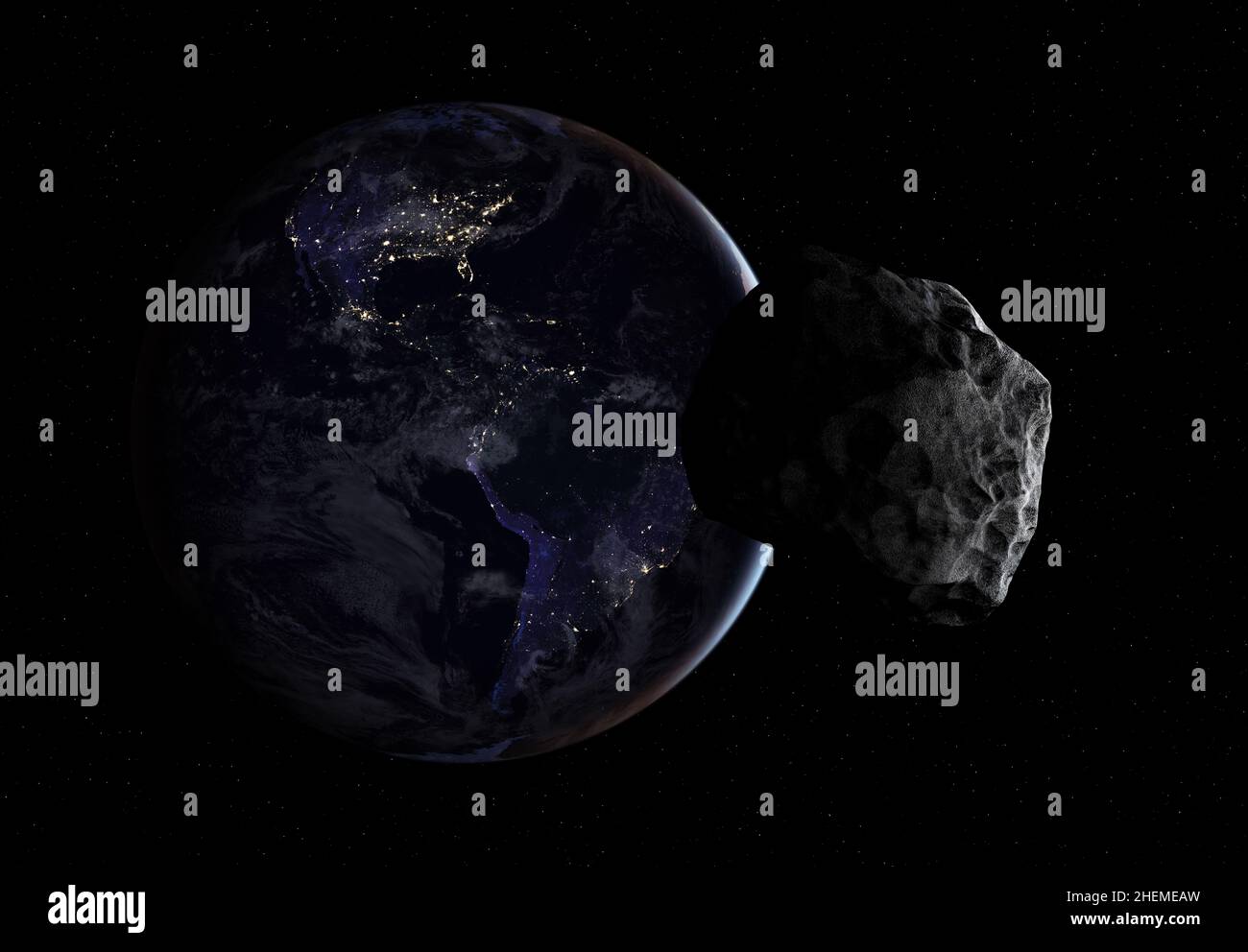 Hazardous asteroid approaching to planet Earth from night side. Earth from the space at night and asteroid.  Elements of this image furnished by NASA. Stock Photo