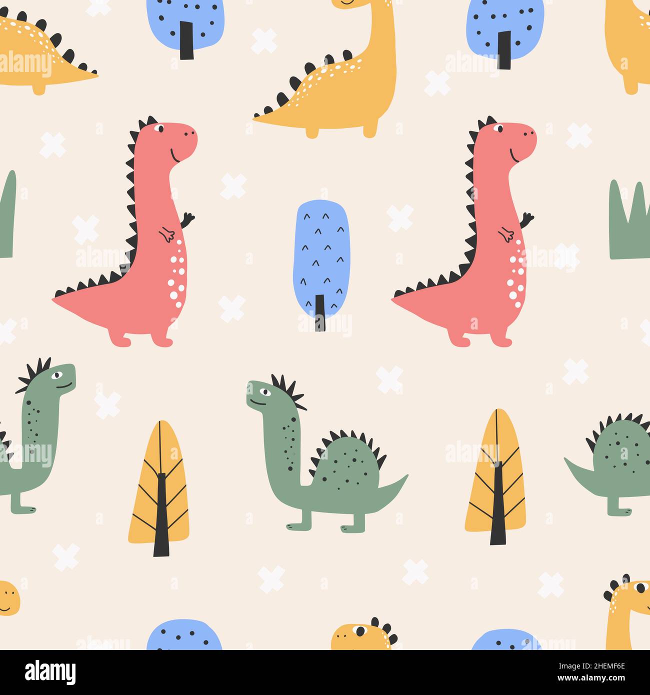 Cute dinosaur pattern - hand drawn childish dinosaur seamless pattern ...