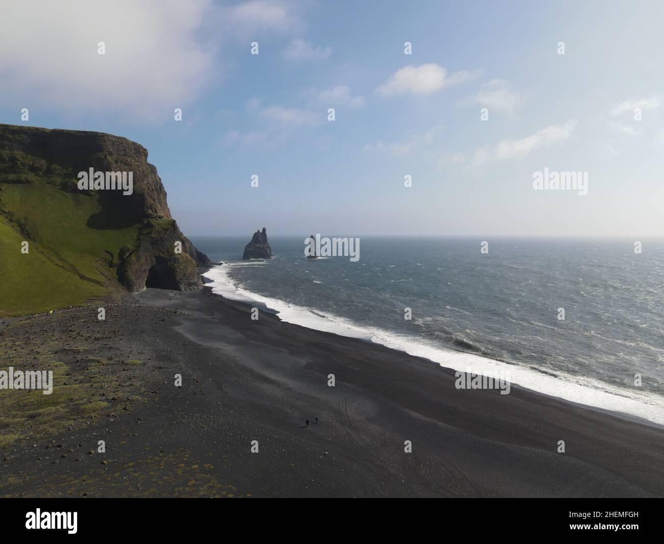 Aerial drone landscape of Reynisfjara black sand beach in Iceland Stock ...