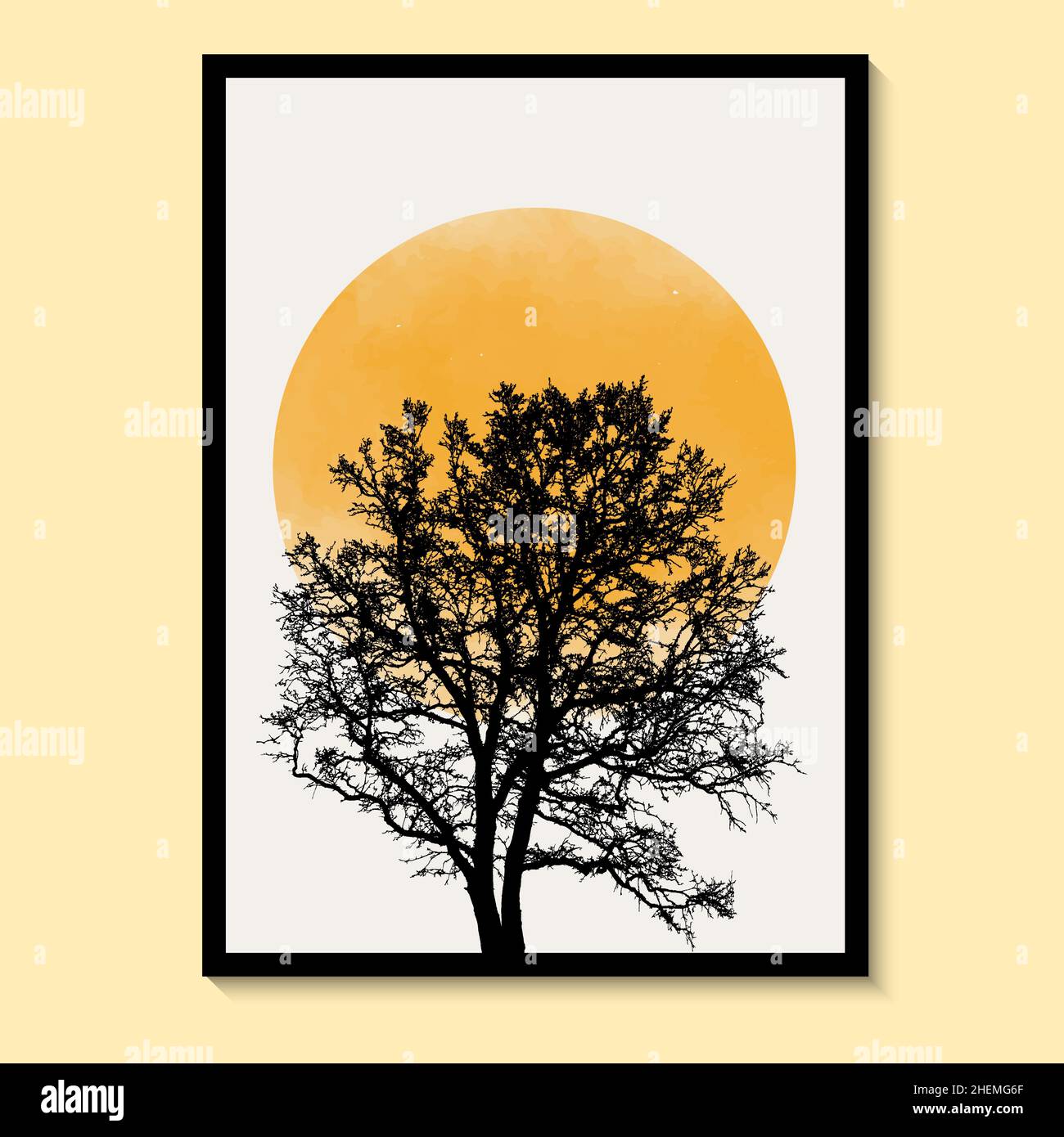 Abstract Tree, Sun Yellow Art  Watercolor Wall Painting Posters and Prints Nordic Murals Vector art print. Stock Vector