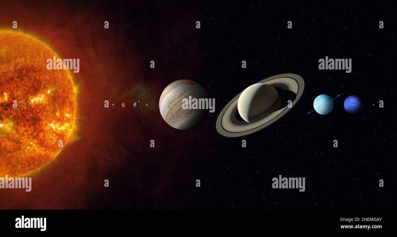 Sun and Solar System planets. Mercury, Venus, Earth, Mars, Jupiter, Saturn, Uranus, Neptune, Pluto and Sun. Elements of this image furnished by NASA. Stock Photo