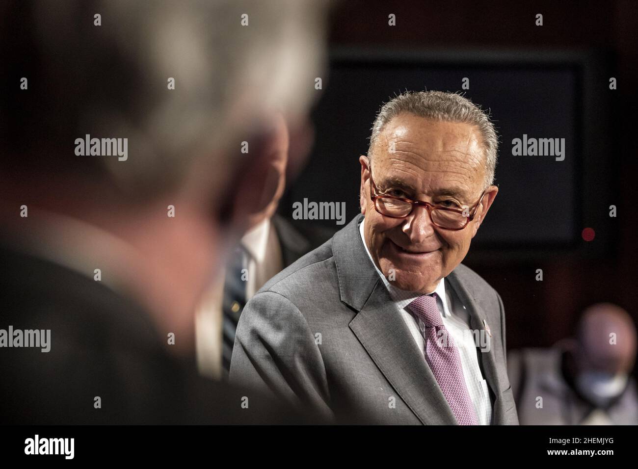 Washington, United States. 11th Jan, 2022. Senate Majority Leader Chuck Schumer, D-NY speaks after meeting with Democrat lawmakers for their weekly luncheon on Capitol Hill in Washington, DC on Tuesday, January 11, 2022. Photo by Ken Cedeno/UPI . Credit: UPI/Alamy Live News Stock Photo