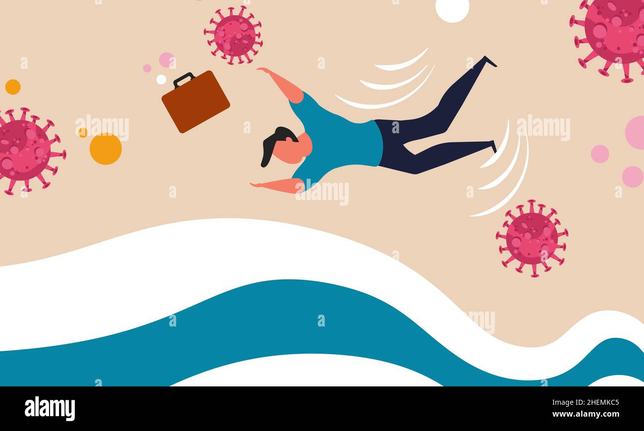 Second wave vaccine tsunami and businessman health fall with economic. Coronavirus risk and flu vector illustration concept. Death for pneumonia and c Stock Vector