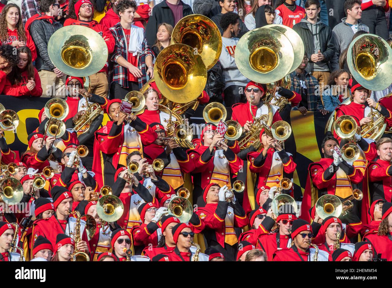 The University of Maryland marching band playing in the stands Stock