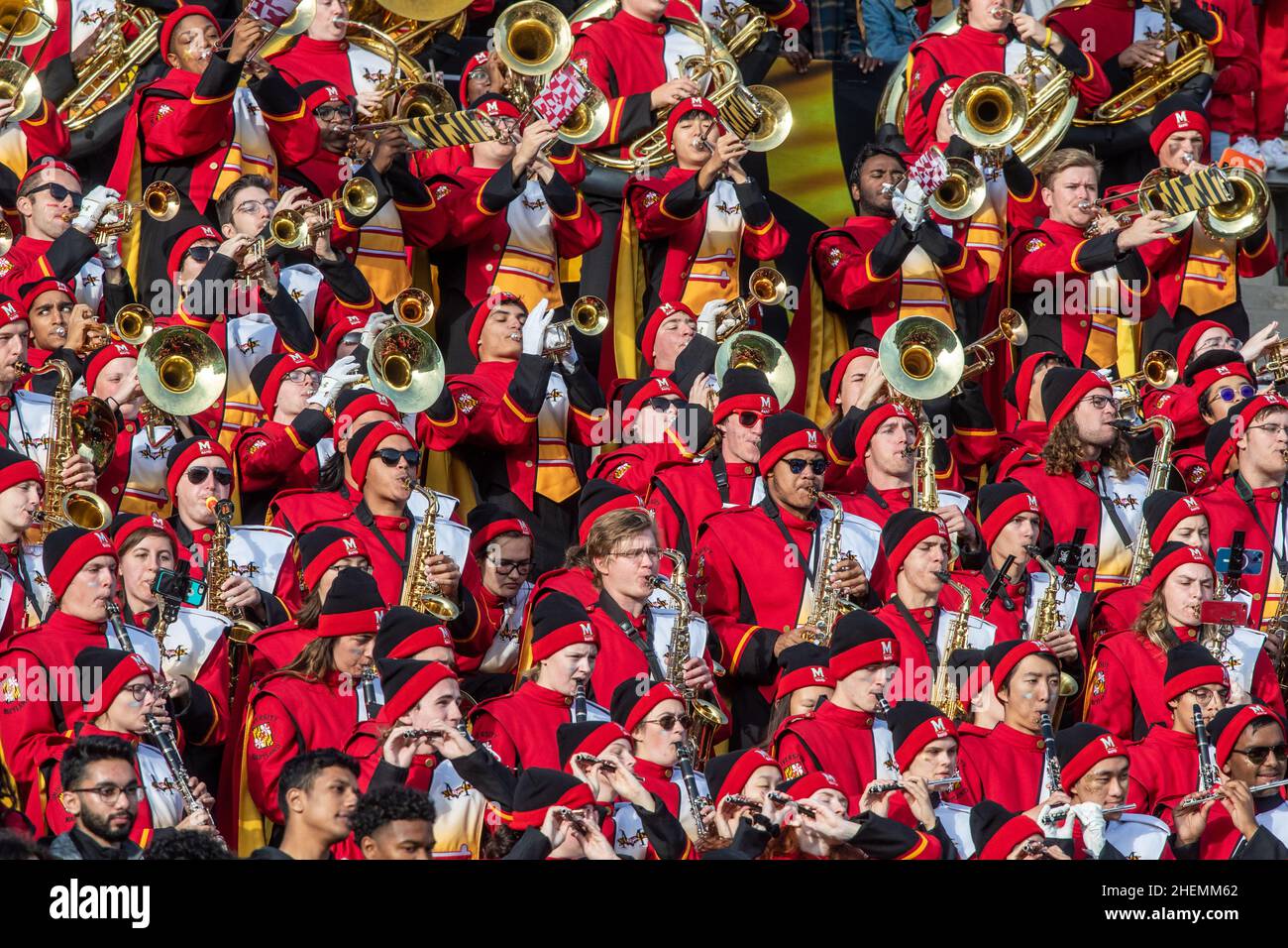 The University of Maryland marching band playing in the stands Stock