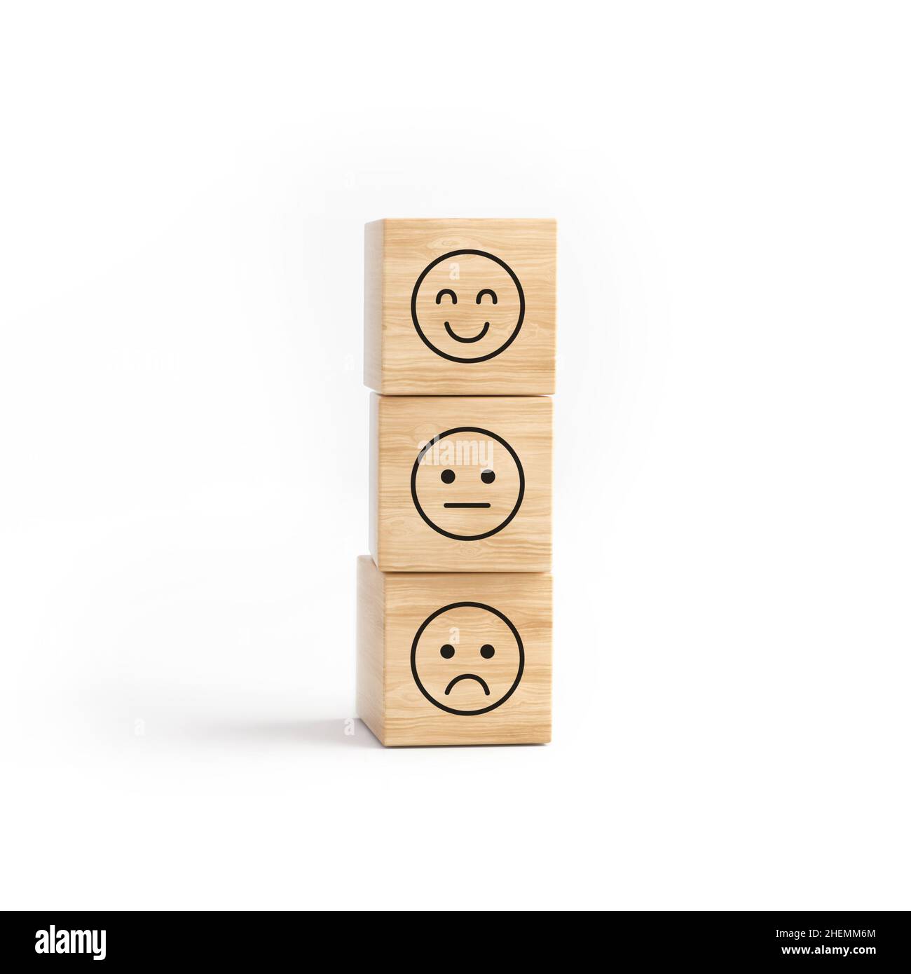 Customer service evaluation with happy face smile wooden cube on white ...