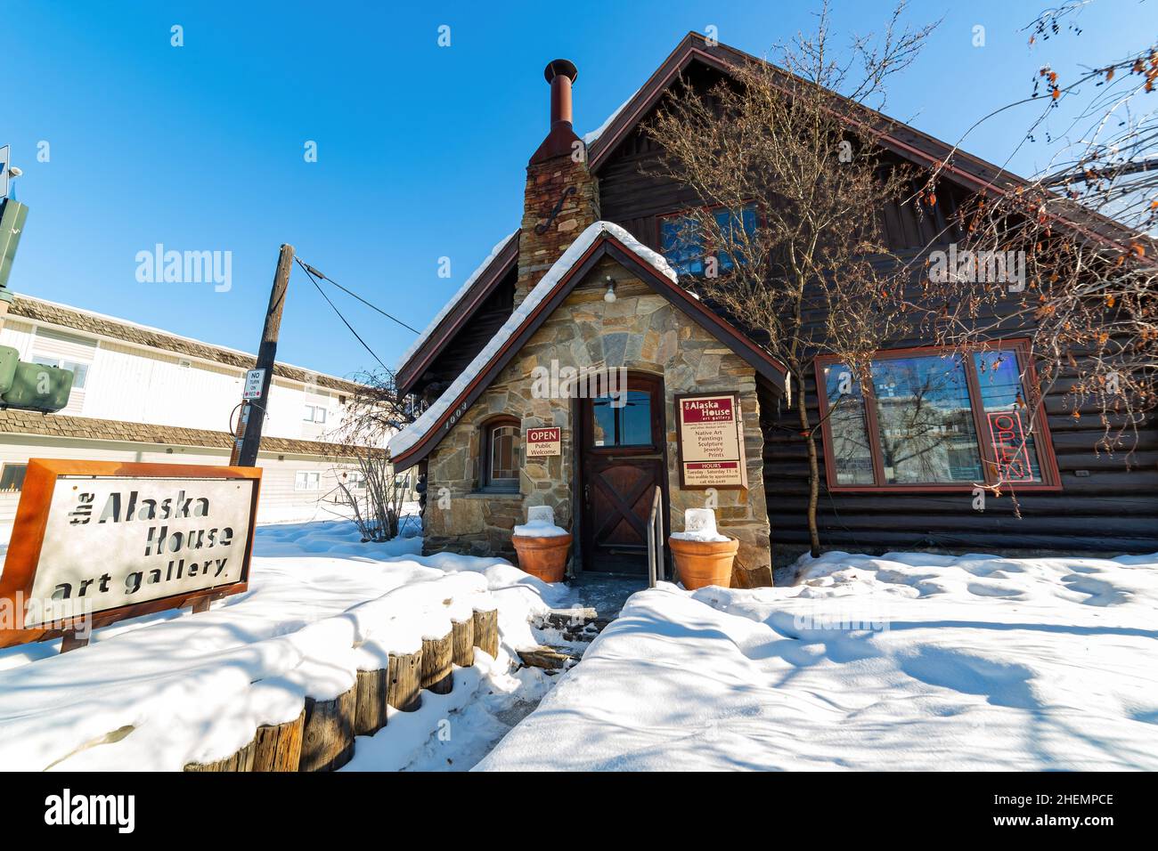 Fairbanks, MAR 18 2015 - Sunny view of the Alaska House art gallery Stock Photo
