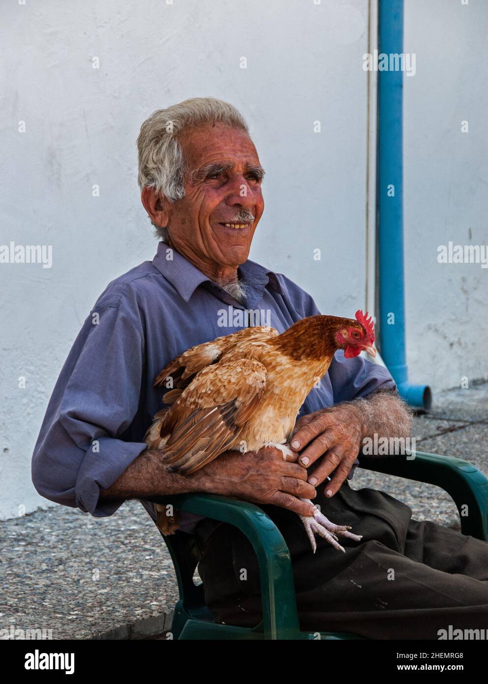 Old man selling chicken in Paphos market, Cyprus Stock Photo