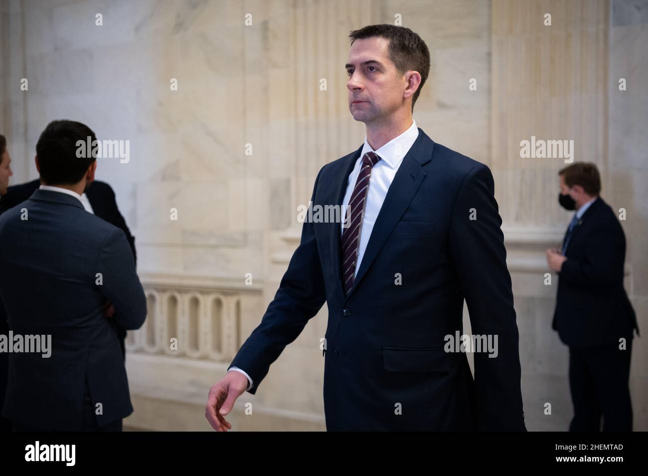 Washington, USA. 11th Jan, 2022. Senator Tom Cotton (R-AR) walks through the U.S. Capitol, in Washington, DC, on Tuesday, January 11, 2022. Today, President Biden will travel to Atlanta with a large continent of lawmakers to elevate the issue of voting rights, and make the case for reforming the filibuster. (Graeme Sloan/Sipa USA) Credit: Sipa USA/Alamy Live News Stock Photo
