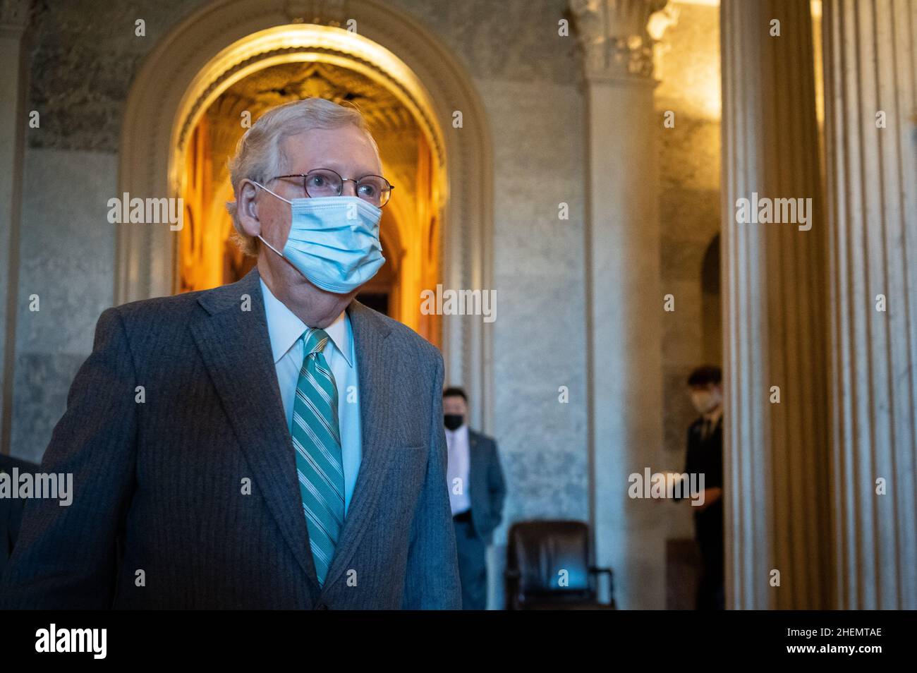 Washington, USA. 11th Jan, 2022. Senator Mitch McConnell (R-KY), the Senate Minority Leader, walks through the U.S. Capitol, in Washington, DC, on Tuesday, January 11, 2022. Today, President Biden will travel to Atlanta with a large continent of lawmakers to elevate the issue of voting rights, and make the case for reforming the filibuster. (Graeme Sloan/Sipa USA) Credit: Sipa USA/Alamy Live News Stock Photo