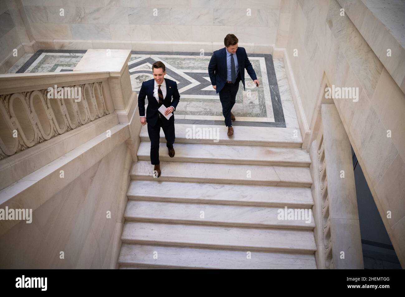 Washington, USA. 11th Jan, 2022. Senator Josh Hawley (R-MO) walks through the U.S. Capitol, in Washington, DC, on Tuesday, January 11, 2022. Today, President Biden will travel to Atlanta with a large continent of lawmakers to elevate the issue of voting rights, and make the case for reforming the filibuster. (Graeme Sloan/Sipa USA) Credit: Sipa USA/Alamy Live News Stock Photo