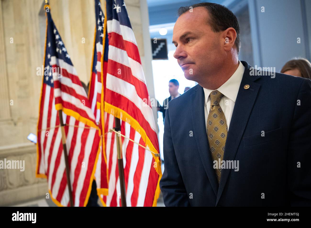 Washington, USA. 11th Jan, 2022. Senator Mike Lee (R-UT) departs a press conference at the U.S. Capitol, in Washington, DC, on Tuesday, January 11, 2022. Today, President Biden will travel to Atlanta with a large continent of lawmakers to elevate the issue of voting rights, and make the case for reforming the filibuster. (Graeme Sloan/Sipa USA) Credit: Sipa USA/Alamy Live News Stock Photo