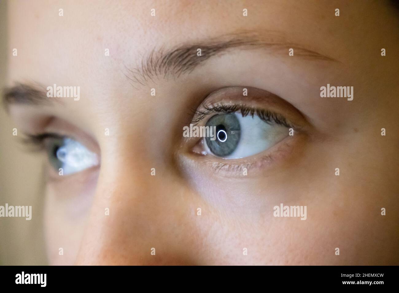 Female eyes up close. Blueeyed European girl looking in colored