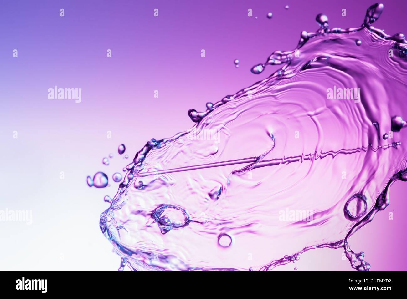 Clear water liquid splash on a purple color background Stock Photo