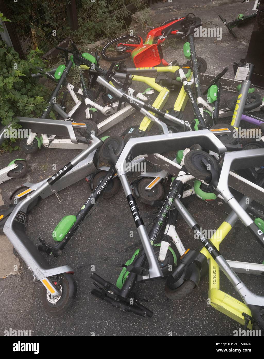 Austin, TX, USA. 10th Oct, 2021. Electric scooters make a haphazard