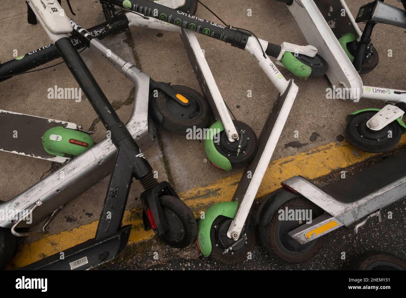Austin, TX, USA. 10th Oct, 2021. Electric scooters make a haphazard