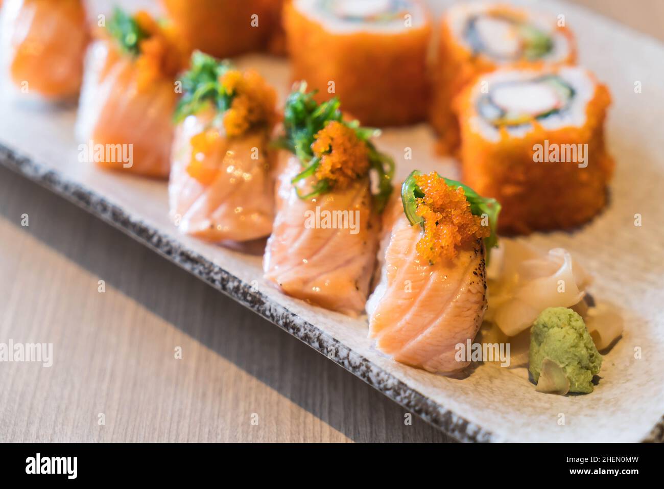 salmon sushi and salmon maki - japanese food Stock Photo - Alamy