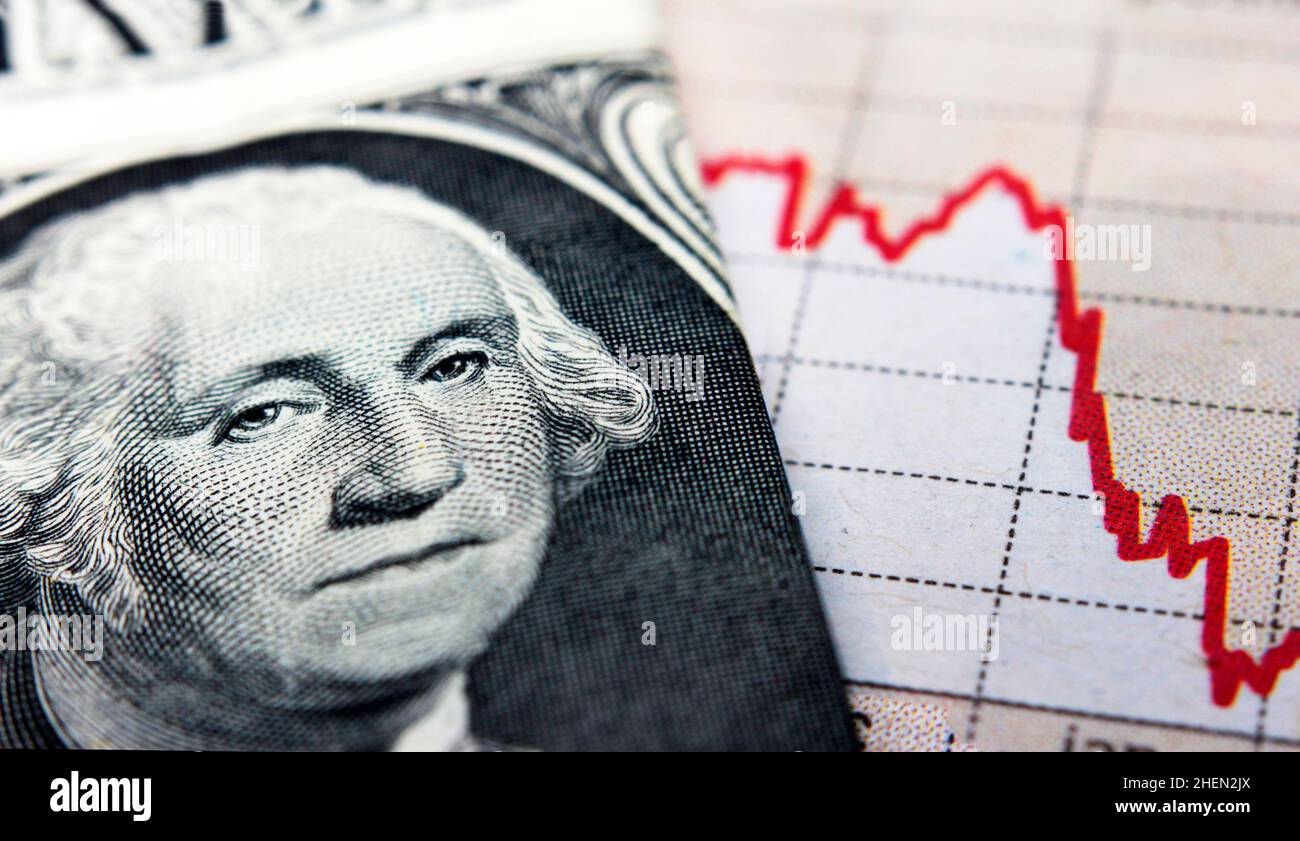 Stock Market Graph next to a US dollar bill. Red trend line indicates