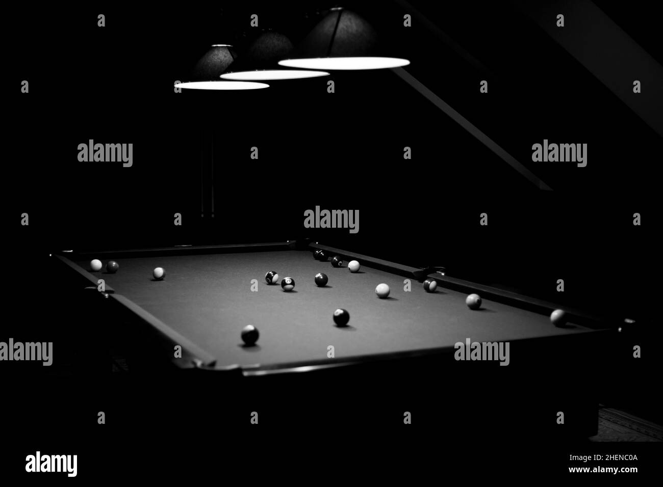 Billiard table in the billiard room with balls and cue Stock Photo Alamy