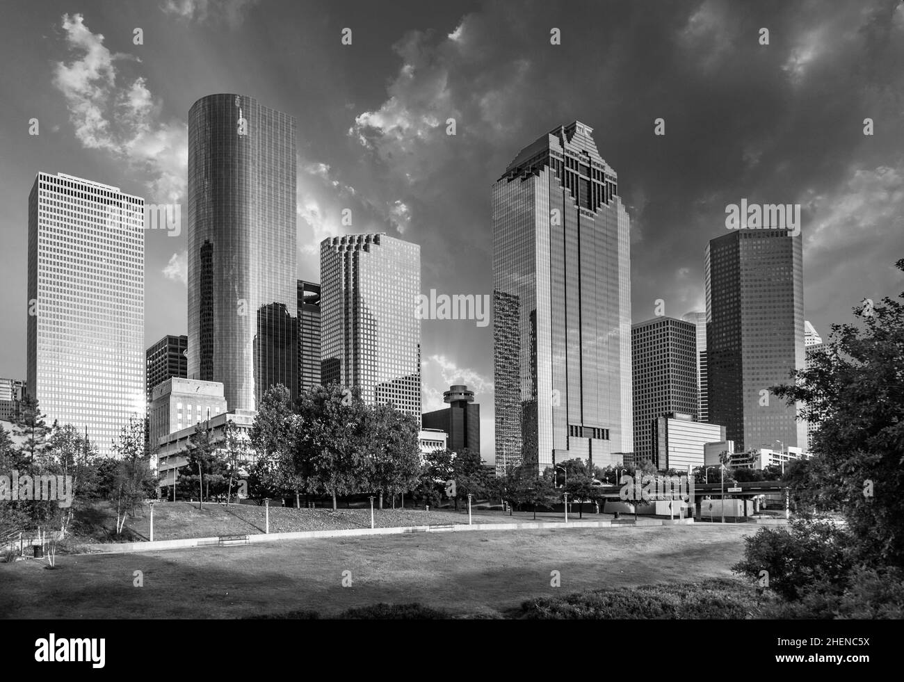 skyline of housto, Texas in bright sunset Stock Photo
