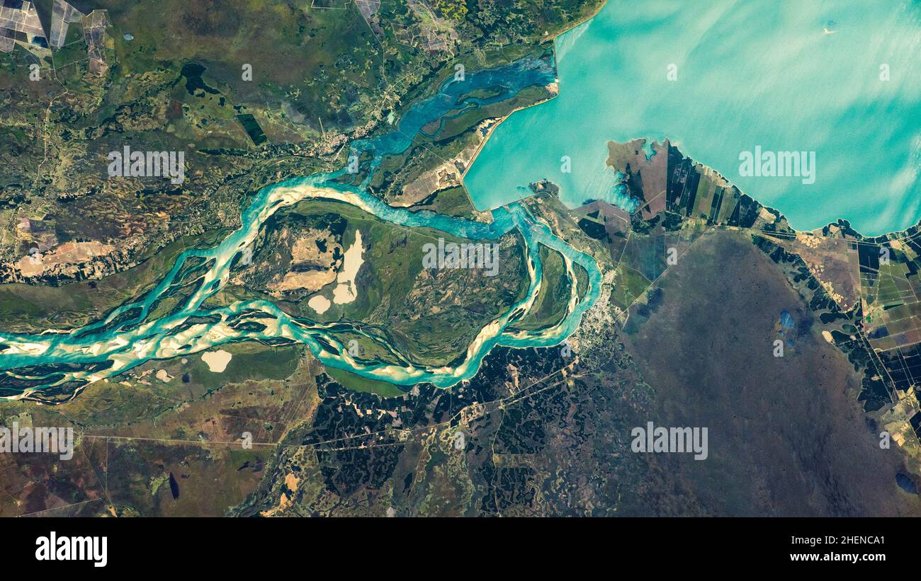 Aerial of the Parana River between Paraguay and Argentina. Elements of this image supplied by NASA Stock Photo