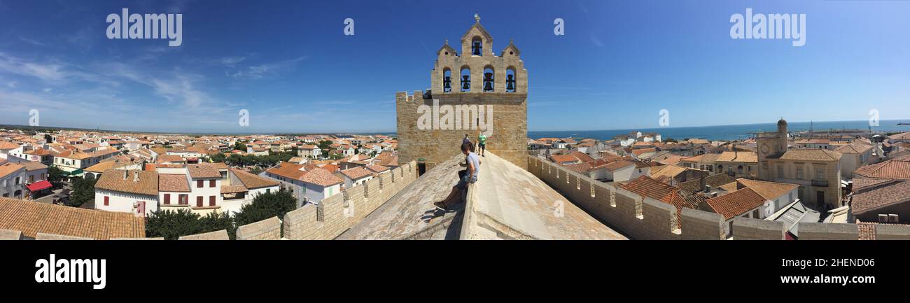 panorama of Sainte Maries de la Mer and the mediterranean sea at the horizon Stock Photo