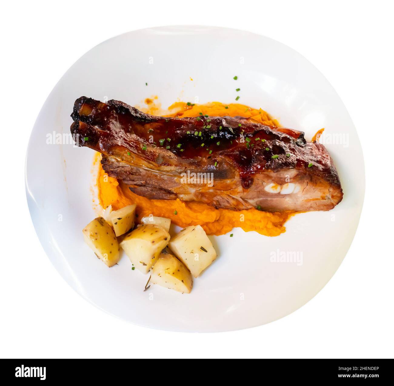 Pork ribs with BBQ sauce and sweet potato Stock Photo