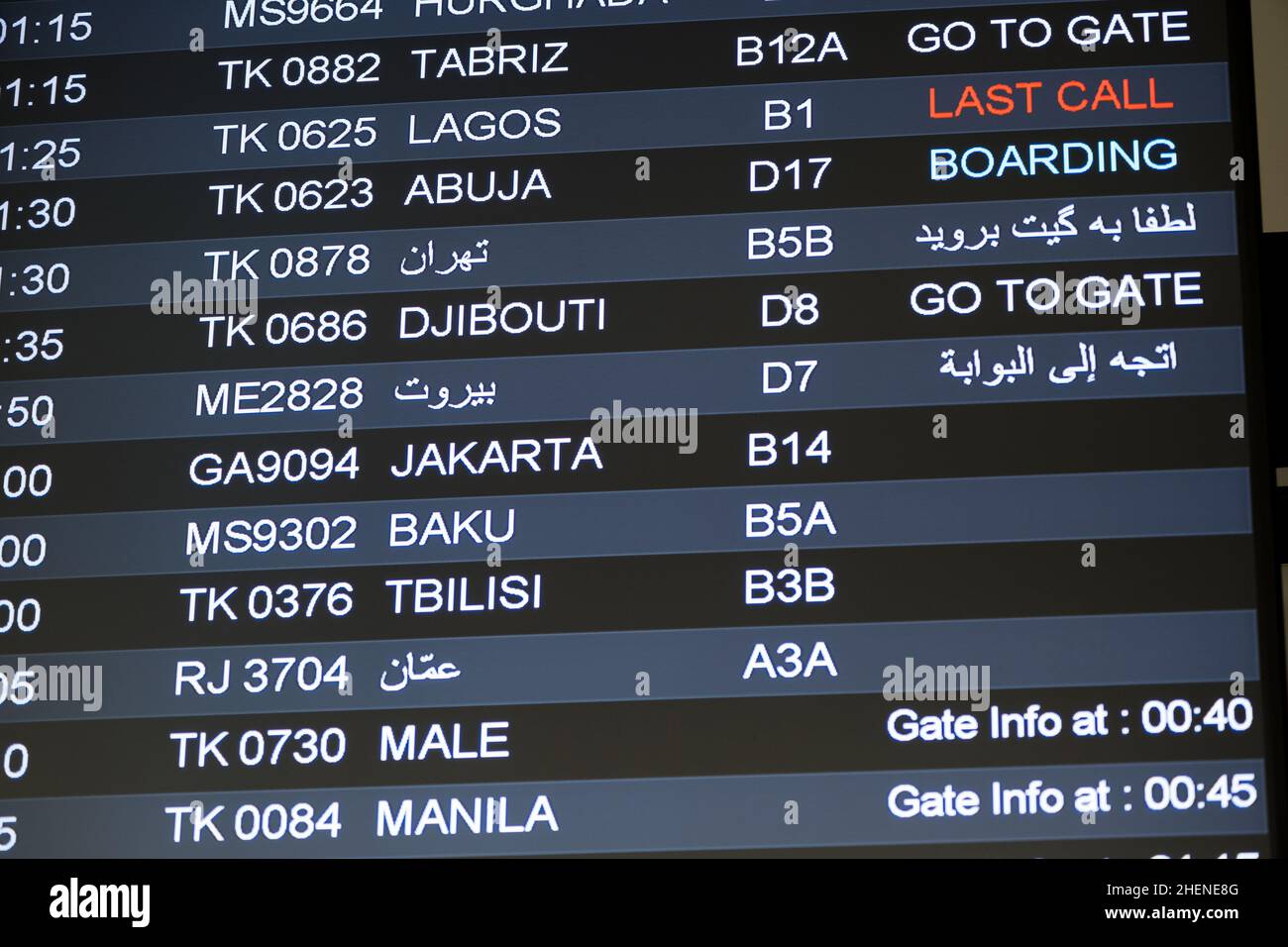 Close up shot of flight information board in Istanbul Airport Stock Photo