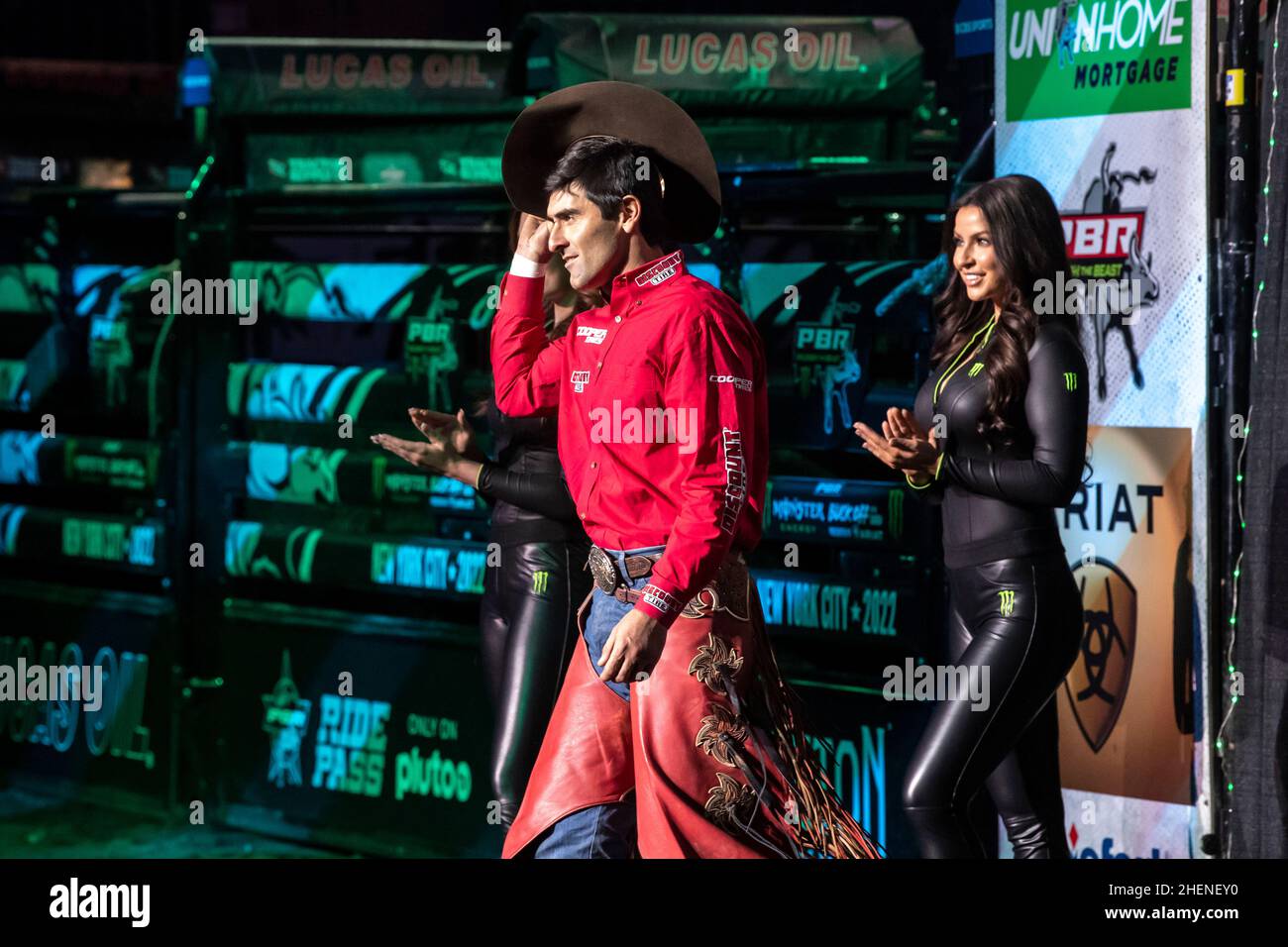 NEW YORK, NY - JANUARY 08: Silvano Alves enters the field during the opening ceremony for the Professional Bull Riders 2022 Unleash The Beast event at Stock Photo