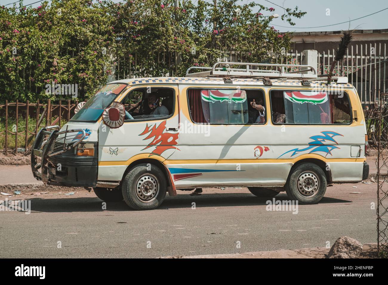 Djibouti, Djibouti - May 21, 2021: A local minibus on the road in Djibouti. Editorial shot in Djibouti. Stock Photo