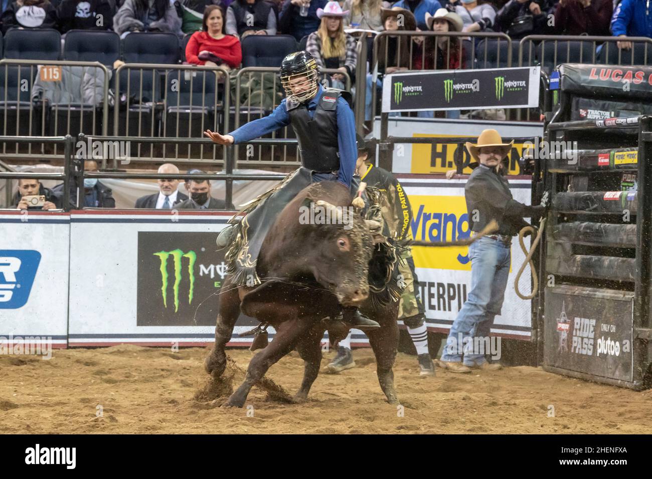 Kyler Oliver rides Outlaw during the Professional Bull Riders 2022 ...