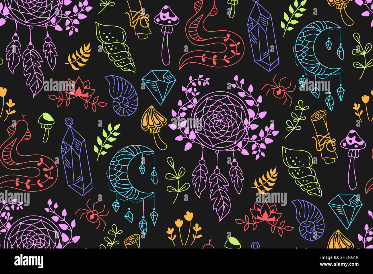 Mystic doodle wallpaper, witchcraft symbols crystal, shell, dreamcatcher, spider snake seamless pattern. Magician esoteric boundless ornament. Spiritual boho drawn print. Scrapbook occult witch vector Stock Vector