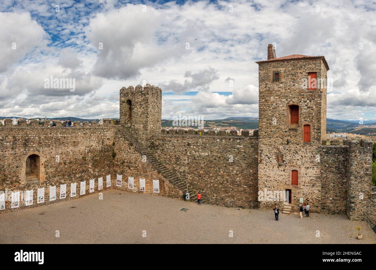 Bragança, Portugal - June 27, 2021: View of the inner courtyard of the castle of Bragança in Portugal, highlighting the wall and the princess tower Stock Photo