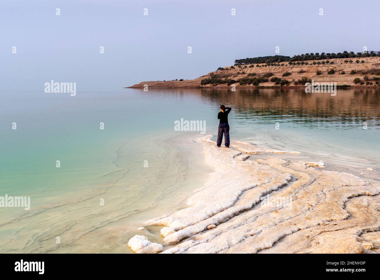 A Visitor Taking Photographs Of The Dead Sea, The Dead Sea, Jordan, Asia Stock Photo
