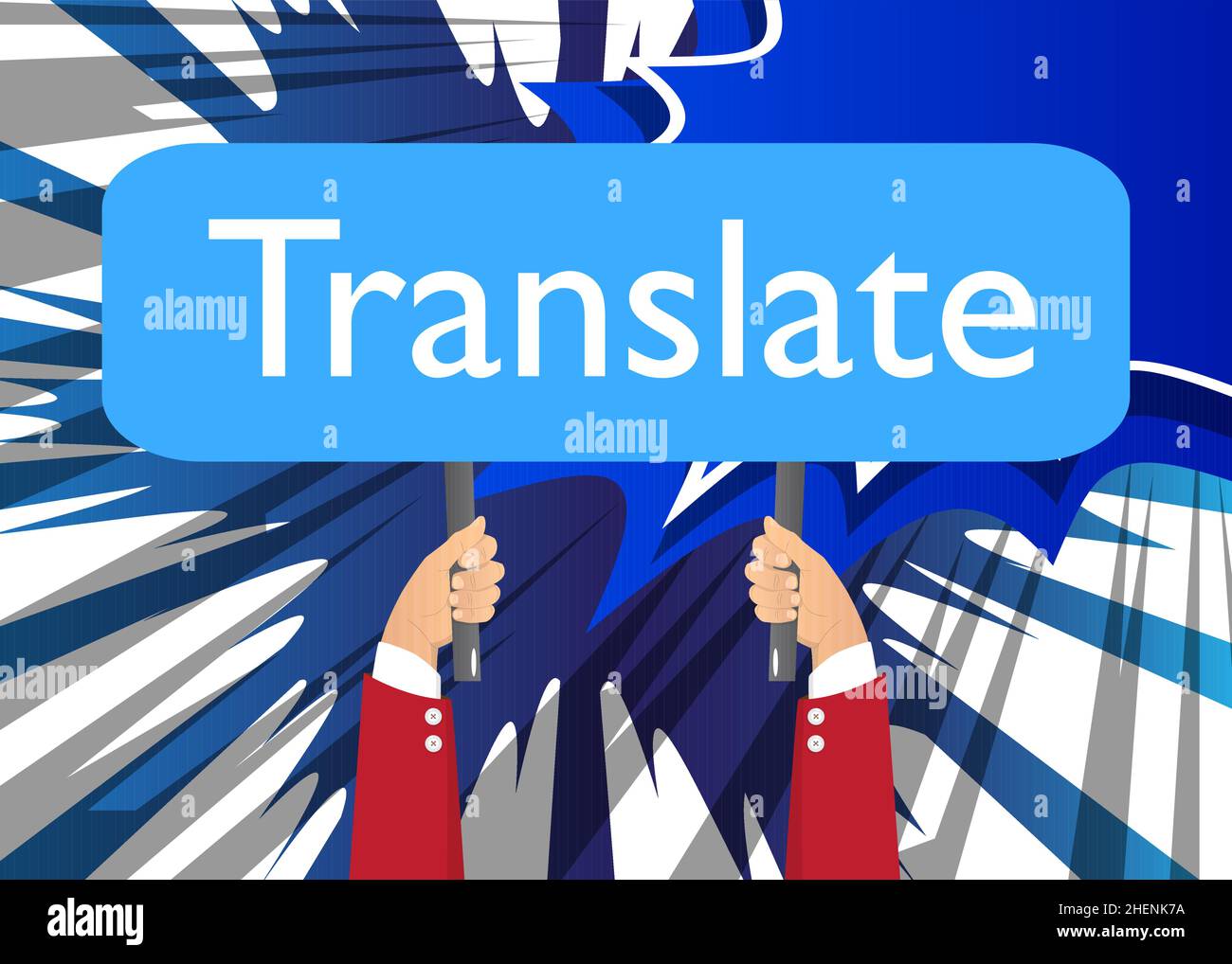Hand holding banner with Translate text. Man showing billboard. Translation, translator