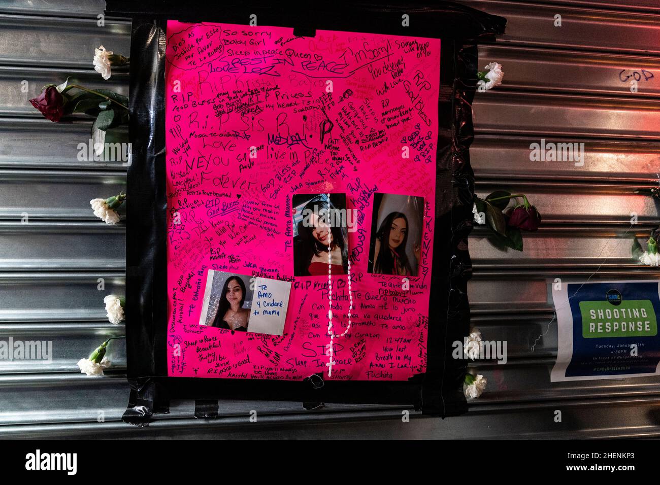 New York, NY - January 11, 2022: Makeshift memorial on the site of senseless killing of 19-years old woman during robbery at Burger King in East Harlem Stock Photo