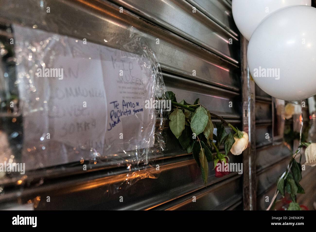 New York, NY - January 11, 2022: Makeshift memorial on the site of senseless killing of 19-years old woman during robbery at Burger King in East Harlem Stock Photo