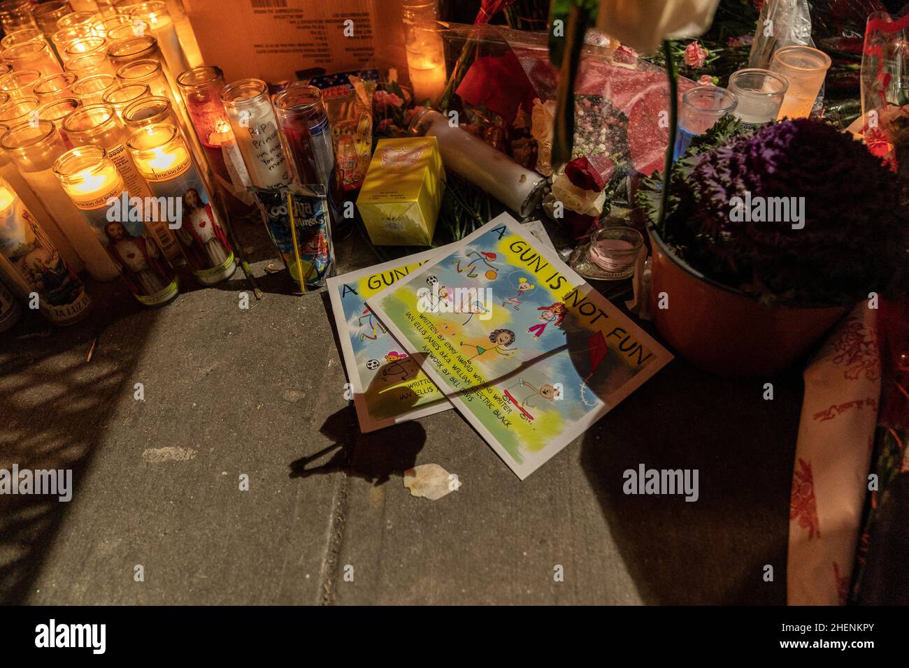 New York, NY - January 11, 2022: Makeshift memorial on the site of senseless killing of 19-years old woman during robbery at Burger King in East Harlem Stock Photo