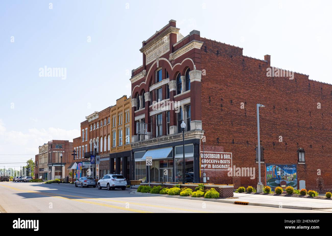 Mount Vernon, Indiana, USA - August 24, 2021: The business district on Main Street Stock Photo
