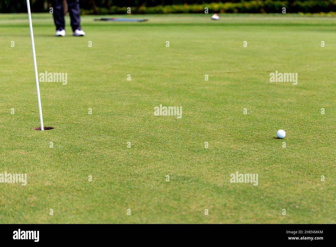 Golf player teeing off. Man hitting golf ball from tee box at Golf Club ...