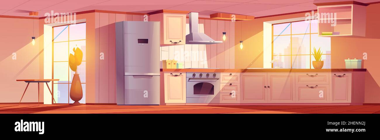 Kitchen interior with dining table, counter, fridge, stove and cupboards. Vector cartoon illustration of empty room for cooking in apartment with retro furniture, hood and plants Stock Vector