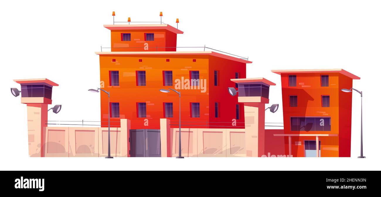 Prison, jail with fence, red brick walls, watchtowers and grating on windows. Vector cartoon illustration of building for guard prisoners and criminal convicts, penitentiary house Stock Vector