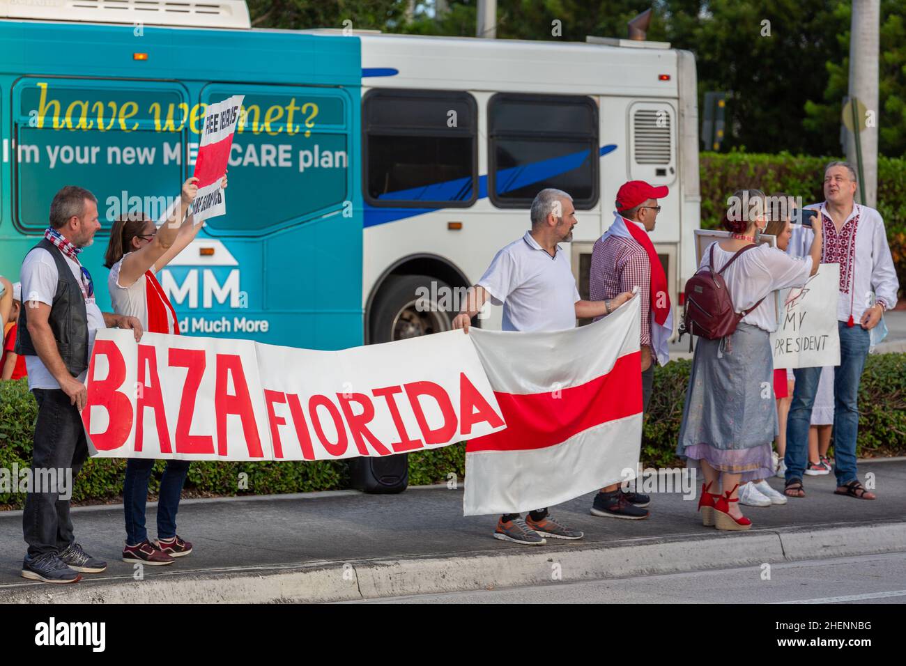 Belarus people at a protest against Lukashenko in Florida, USA. Signs for a fair election, freedom of political prisoners at Belarus. Protesters. Stock Photo