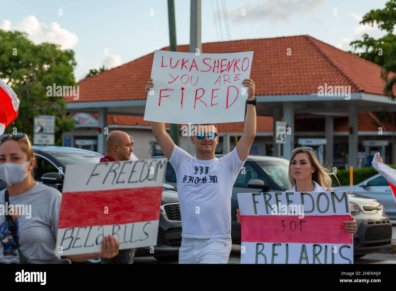Belarus people at a protest against Lukashenko in Florida, USA. Signs for a fair election, freedom of political prisoners at Belarus. Protesters. Stock Photo